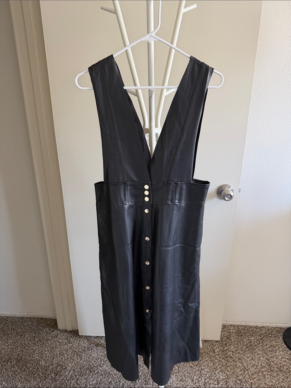 Zara Black Faux-Leather Midi Pinafore Dress